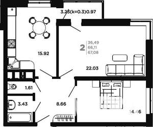 2-к квартира, вторичка, 68м2, 4/25 этаж