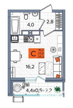 Студия квартира, сданный дом, 25м2, 16/16 этаж