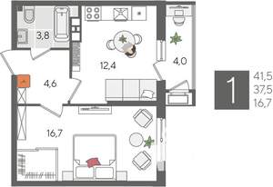1-к квартира, строящийся дом, 42м2, 9/24 этаж