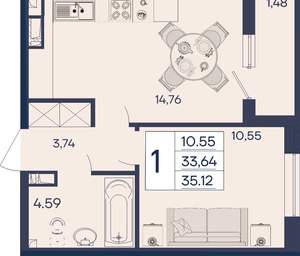1-к квартира, вторичка, 35м2, 7/18 этаж