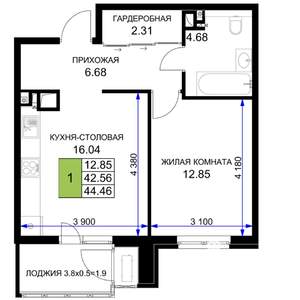 1-к квартира, вторичка, 44м2, 10/16 этаж
