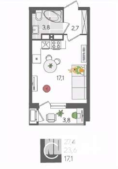 Студия квартира, вторичка, 27м2, 16/24 этаж