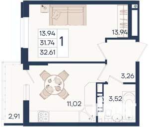 1-к квартира, вторичка, 33м2, 8/18 этаж
