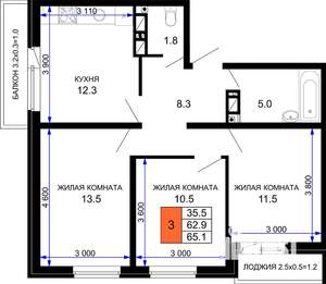 3-к квартира, строящийся дом, 65м2, 8/16 этаж