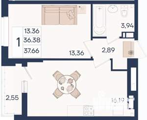1-к квартира, вторичка, 38м2, 5/18 этаж