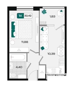 1-к квартира, вторичка, 32м2, 8/18 этаж