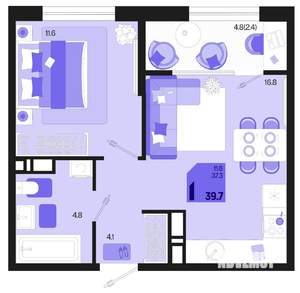 1-к квартира, строящийся дом, 40м2, 3/18 этаж