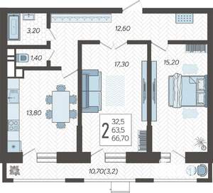 2-к квартира, строящийся дом, 68м2, 9/12 этаж