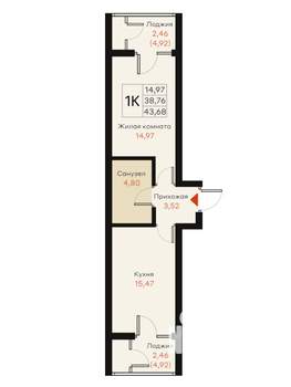 1-к квартира, вторичка, 44м2, 14/18 этаж