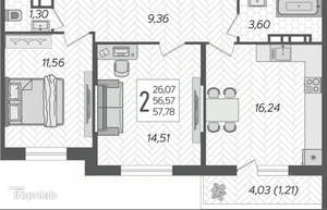 2-к квартира, вторичка, 58м2, 8/16 этаж