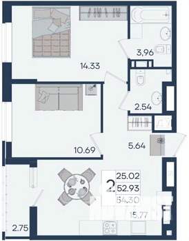 2-к квартира, вторичка, 54м2, 16/18 этаж