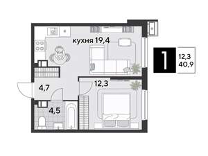 1-к квартира, вторичка, 41м2, 9/9 этаж