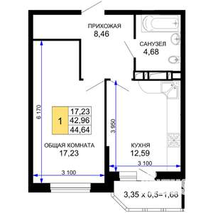 1-к квартира, строящийся дом, 45м2, 2/19 этаж