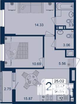 2-к квартира, вторичка, 55м2, 5/18 этаж