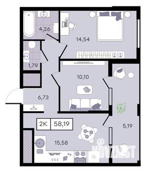 2-к квартира, вторичка, 58м2, 7/8 этаж