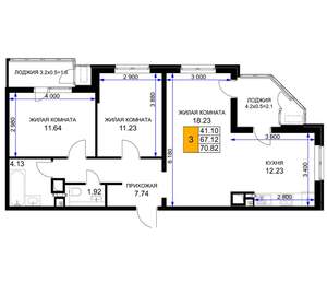 3-к квартира, вторичка, 71м2, 3/16 этаж