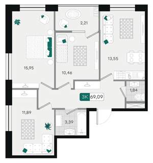 3-к квартира, вторичка, 69м2, 8/18 этаж