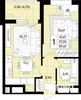1-к квартира, вторичка, 40м2, 8/18 этаж