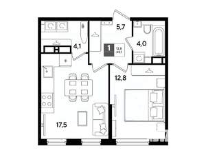 1-к квартира, вторичка, 44м2, 13/16 этаж