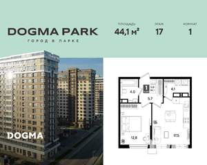 1-к квартира, вторичка, 44м2, 17/19 этаж