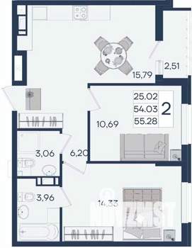2-к квартира, вторичка, 55м2, 15/18 этаж
