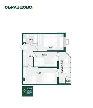 2-к квартира, строящийся дом, 68м2, 19/21 этаж