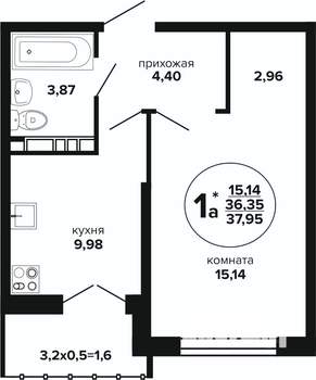 1-к квартира, вторичка, 38м2, 21/24 этаж