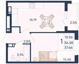 1-к квартира, вторичка, 38м2, 6/18 этаж