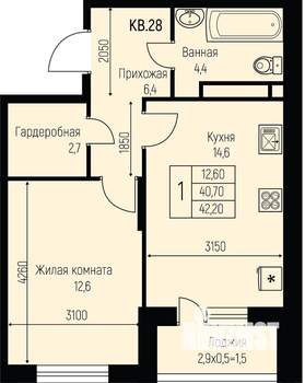 1-к квартира, строящийся дом, 42м2, 3/3 этаж