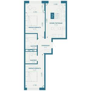 2-к квартира, строящийся дом, 64м2, 2/18 этаж