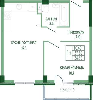1-к квартира, сданный дом, 39м2, 2/7 этаж