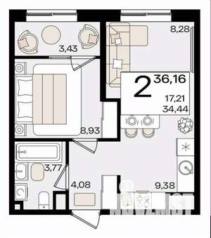 1-к квартира, вторичка, 36м2, 2/9 этаж