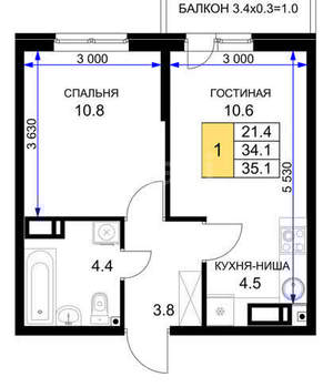 1-к квартира, вторичка, 35м2, 16/16 этаж