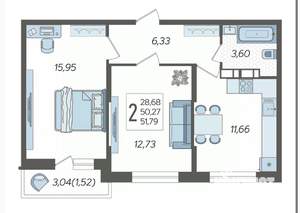 2-к квартира, вторичка, 52м2, 12/19 этаж