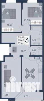 3-к квартира, строящийся дом, 77м2, 8/18 этаж