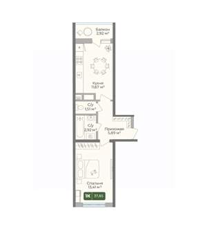 1-к квартира, вторичка, 38м2, 1/10 этаж