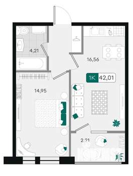 1-к квартира, вторичка, 42м2, 9/9 этаж
