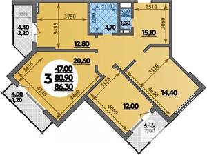 3-к квартира, вторичка, 86м2, 12/22 этаж