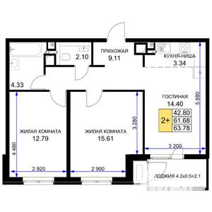 2-к квартира, строящийся дом, 64м2, 7/16 этаж