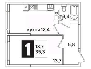 1-к квартира, вторичка, 35м2, 4/16 этаж
