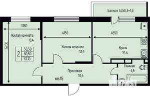 2-к квартира, строящийся дом, 61м2, 3/3 этаж