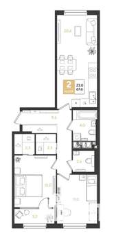 2-к квартира, вторичка, 68м2, 3/9 этаж