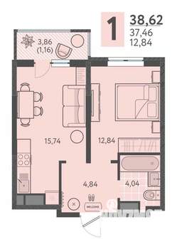 1-к квартира, вторичка, 39м2, 11/18 этаж