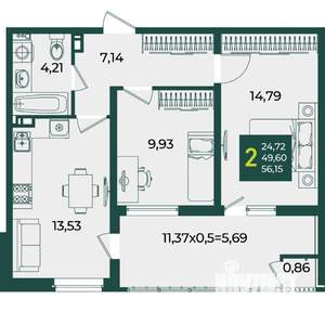 2-к квартира, вторичка, 56м2, 18/18 этаж