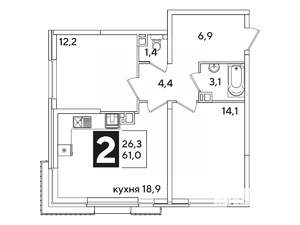 2-к квартира, вторичка, 61м2, 9/16 этаж