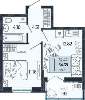 1-к квартира, вторичка, 34м2, 18/21 этаж