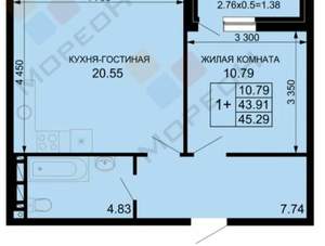 1-к квартира, вторичка, 45м2, 4/9 этаж