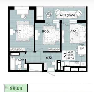 2-к квартира, вторичка, 58м2, 7/18 этаж