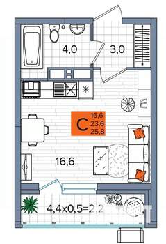 Студия квартира, сданный дом, 26м2, 16/16 этаж