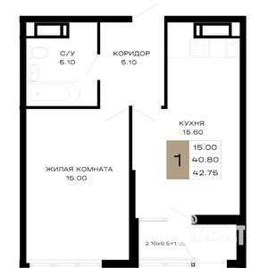 1-к квартира, вторичка, 43м2, 12/23 этаж